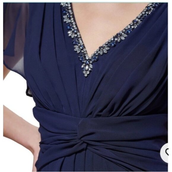 Eliza J Size 14 Navy Twist Waist Chiffon Flutter Sleeve Beaded V-Neck Dress - Picture 3 of 11
